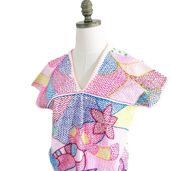 Vintage Multicolor Handmade Embroidered Cat Dress Size XS/Small V-Neck Pocket - Picture 5 of 9